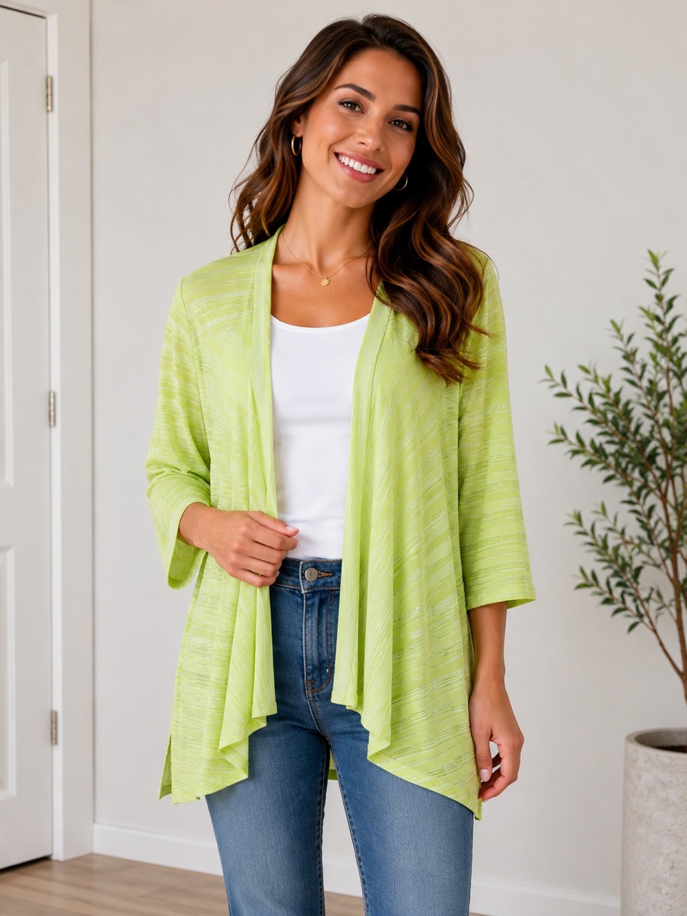 Traveler Collection Chico’s Lime Green Sheer Stripe Cardigan 3/4 Sleeve Fall